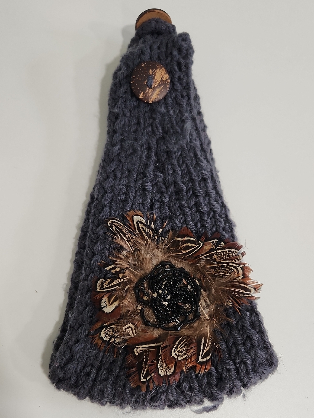 Candie's Chunky Blue Gray Knit Headband with Feather Flower